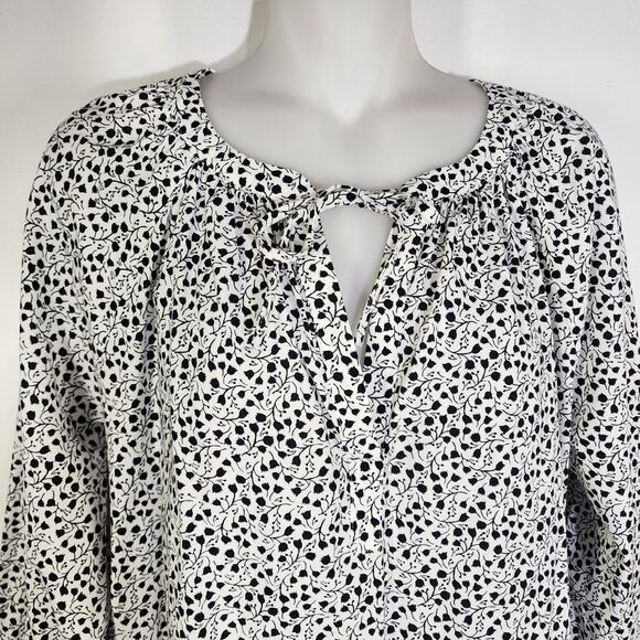 Loft Womens Top Small Floral Long Sleeve Black White Lightweight Tie Keyhole - Picture 3 of 9